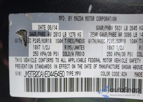 2014 Mazda Cx-9 Touring из США, поврежденный, VIN JM3TB2CAXE0445450